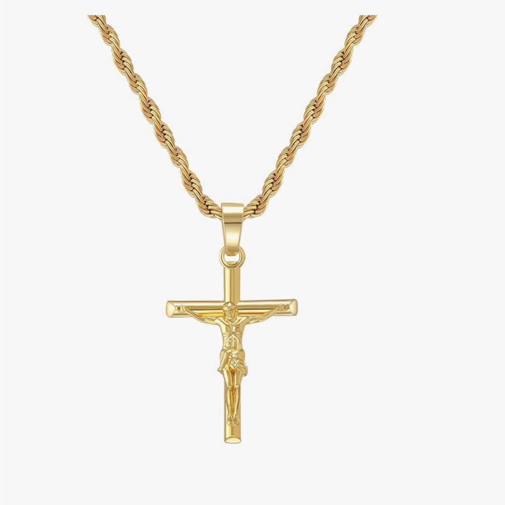 22” 18K Gold Plated Crucifix Cross Pendant Necklace Rope Chain Unisex Religious